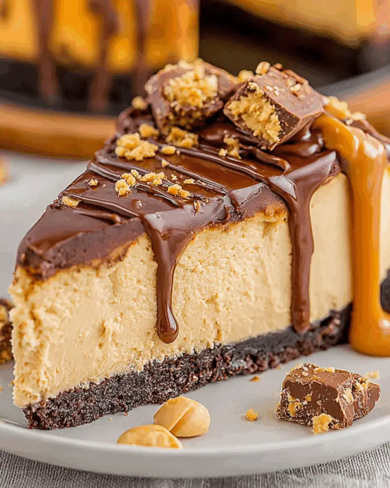 A rich slice of dreamy peanut butter cheesecake topped with chocolate ganache, chopped peanut butter cups, and a drizzle of caramel sauce.