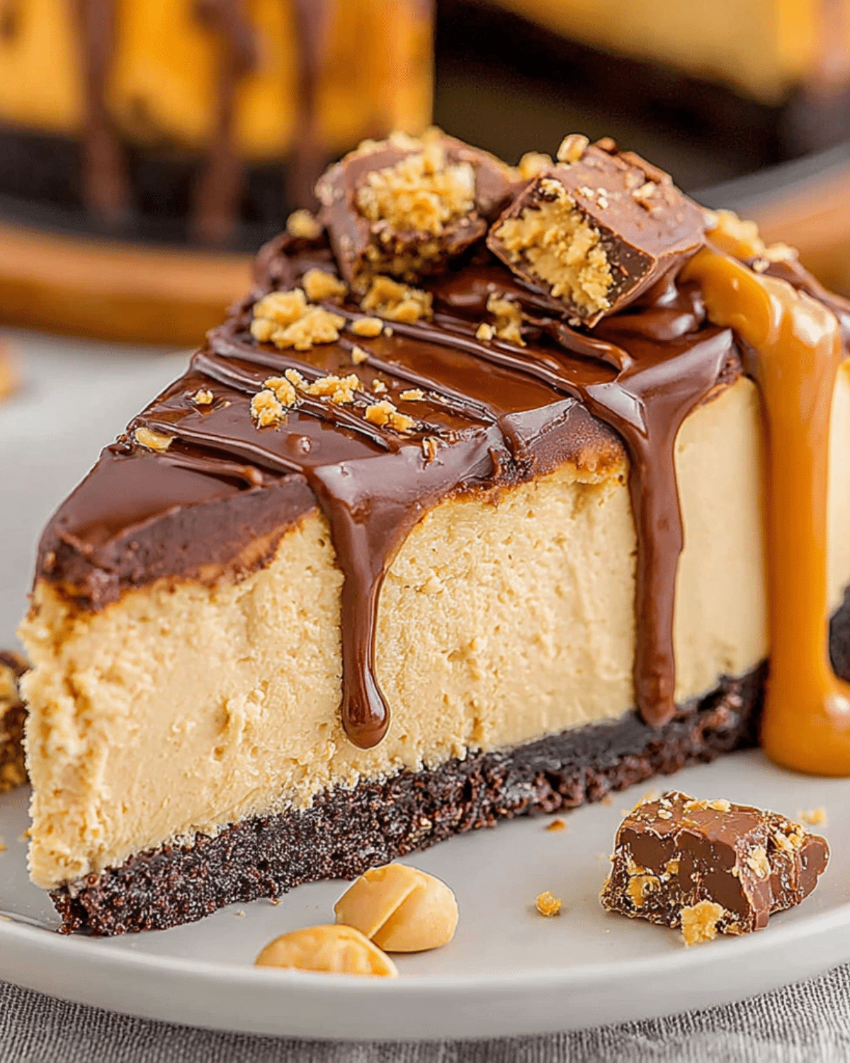 A rich slice of dreamy peanut butter cheesecake topped with chocolate ganache, chopped peanut butter cups, and a drizzle of caramel sauce.