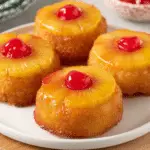 Mini pineapple upside down cakes topped with glazed pineapple rings and bright red maraschino cherries on a white plate.