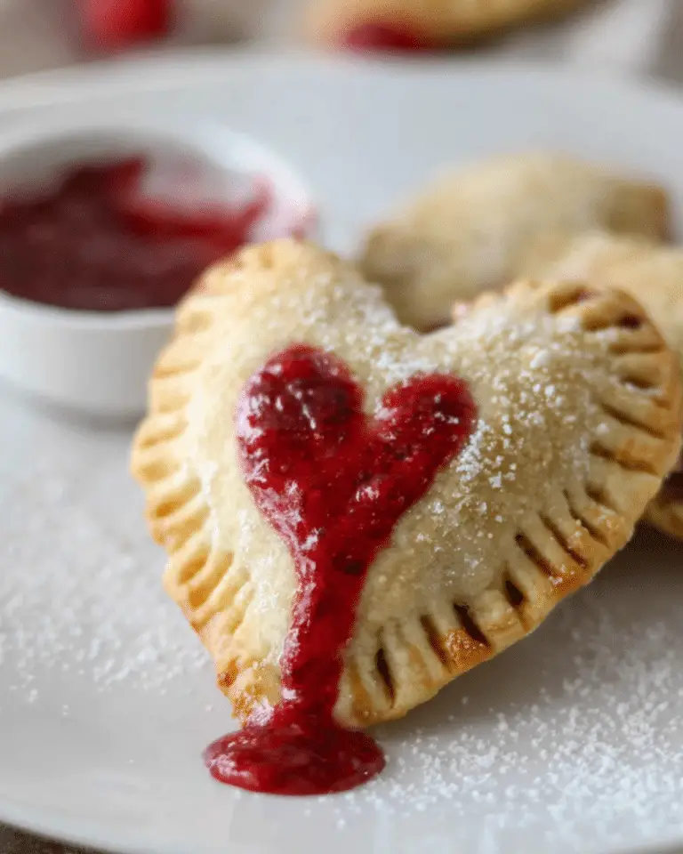 Heart-shaped raspberry Nutella pies topped with powdered sugar and drizzled with raspberry sauce, served on a white plate.