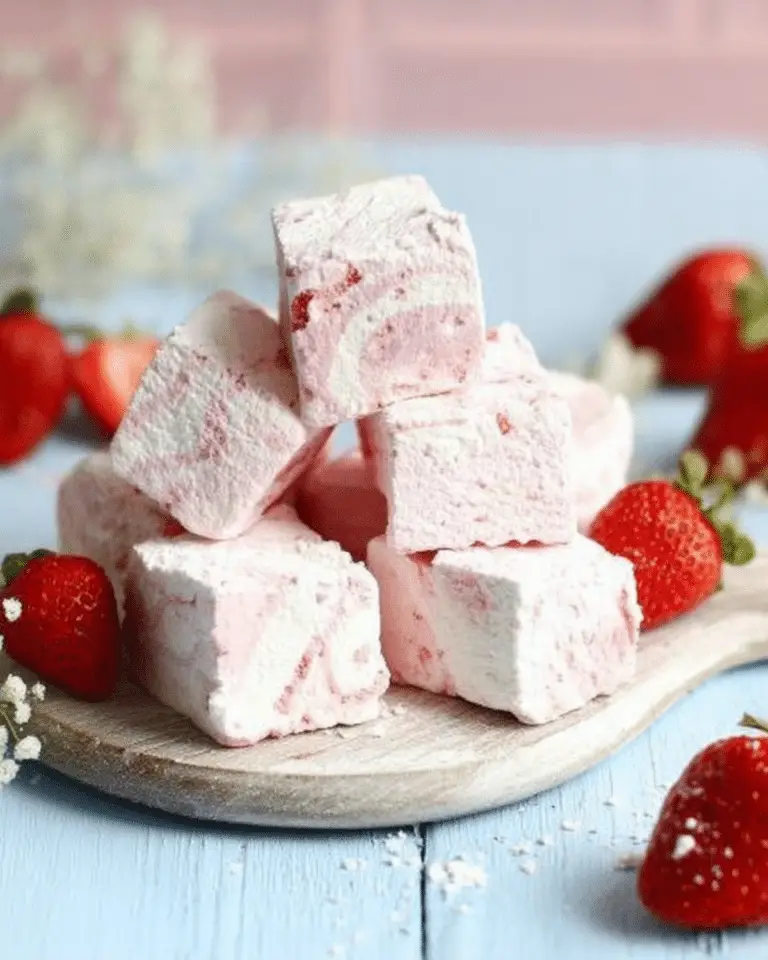 Strawberry swirl marshmallows stacked on a wooden board, surrounded by fresh strawberries on a light blue surface.