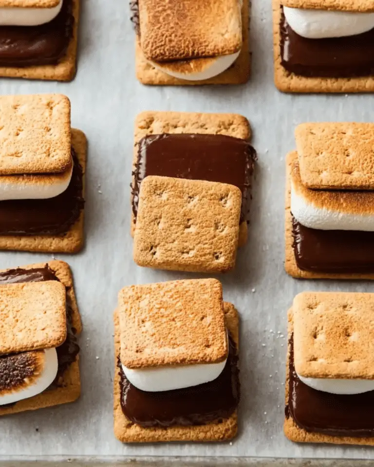 Rows of baked s’mores with toasted marshmallows and melted chocolate between graham crackers on a baking sheet.