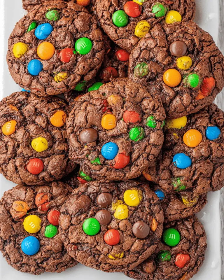 A close-up of M&M brownie mix cookies stacked on a white plate, showing colorful candies and rich, crackled chocolate texture.