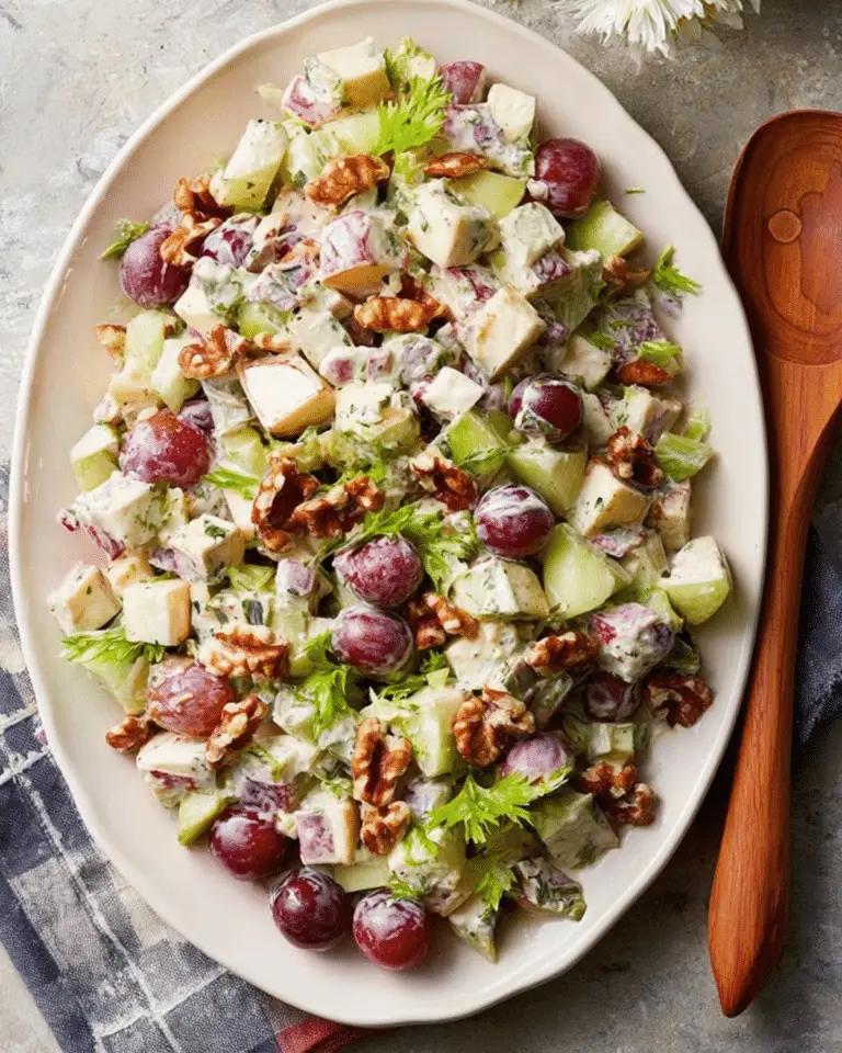 Platter of Waldorf Salad featuring red grapes, green apples, celery, walnuts, and creamy dressing, garnished with fresh parsley.