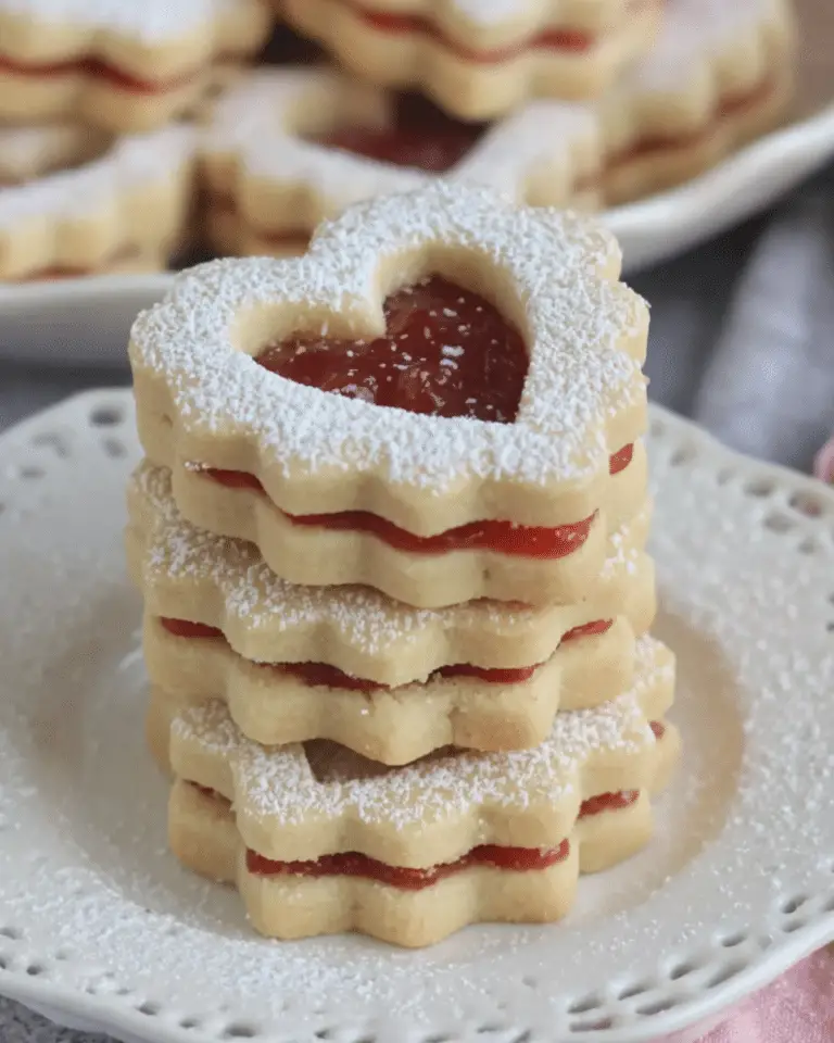 Stack of soft and sweet Linzer cookies filled with red jam and topped with powdered sugar, featuring a heart cut-out design.