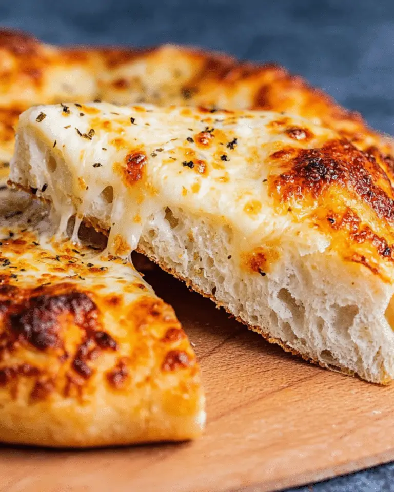 Slice of sourdough discard pizza crust topped with melted, golden cheese and herbs on a wooden board.